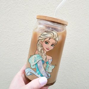 Disney Queen Elsa 16oz can glass with bamboo lid & straw